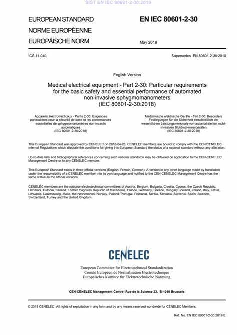 EN IEC 80601-2-30:2019醫(yī)用電氣設(shè)備 第2-30部分：自動循環(huán)式無創(chuàng)血壓監(jiān)測設(shè)備的基本安全和基本性能專用要求