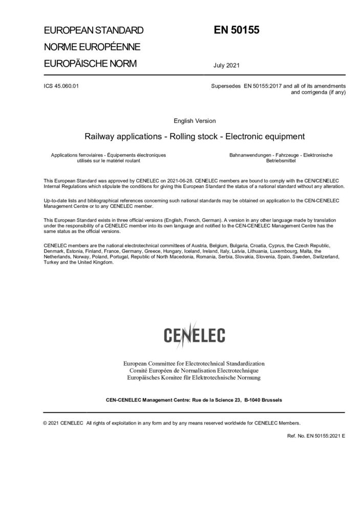 EN 50155:2021鐵路設(shè)施 鐵道車輛 電子裝置