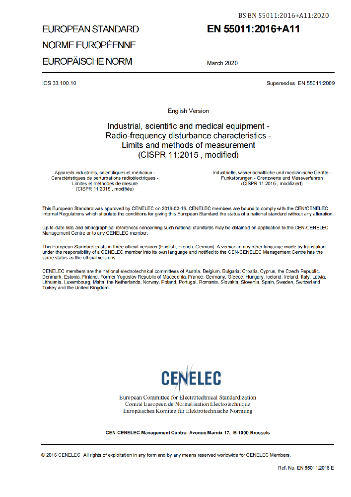 EN 55011:2016+A11:2020工業(yè)、科學(xué)和醫(yī)療(ISM)射頻設(shè)備 騷擾特性 限值和測(cè)量方法