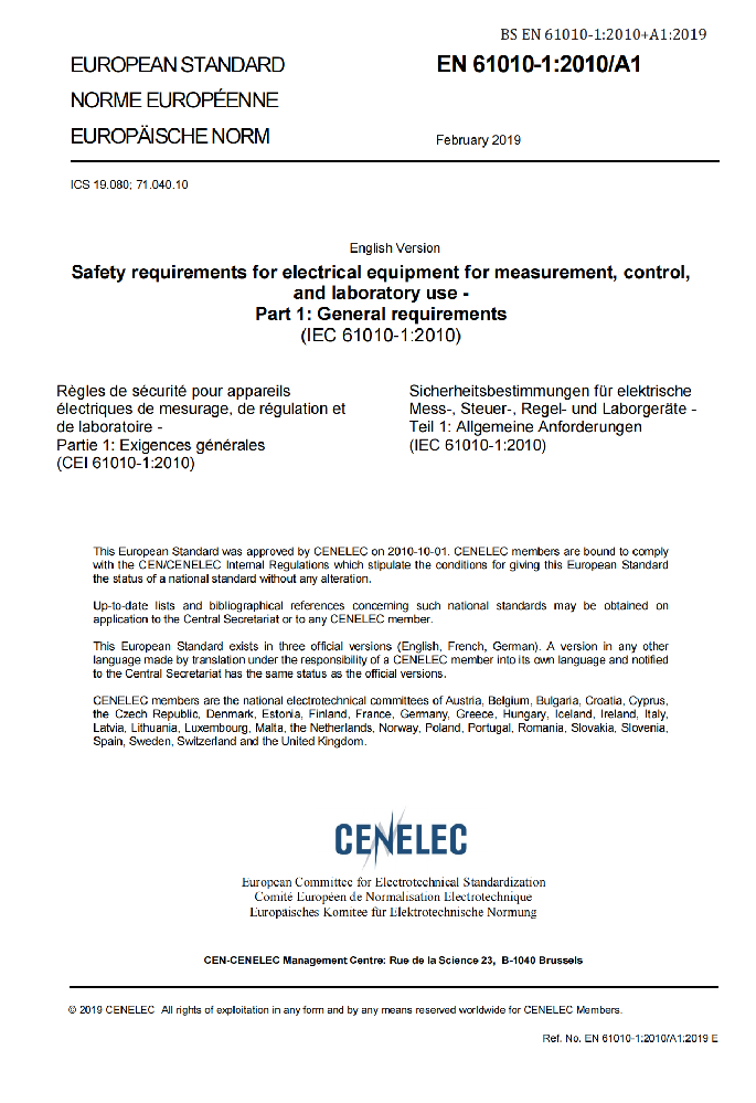 EN 61010-1:2010+A1:2019測(cè)量,控制及實(shí)驗(yàn)室用電氣設(shè)備的安全要求優(yōu)選部分.通用要求