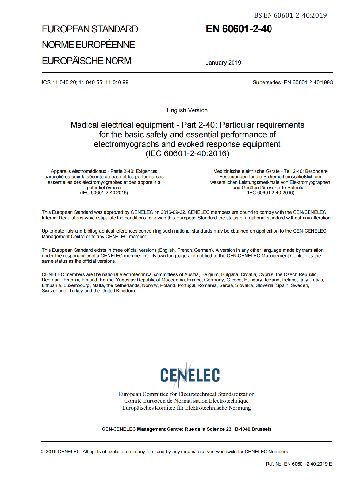 EN 60601-2-40: 2019醫(yī)用電氣設(shè)備 第2-40部分：肌電及誘發(fā)反應(yīng)設(shè)備的基本安全和基本性能專用要求