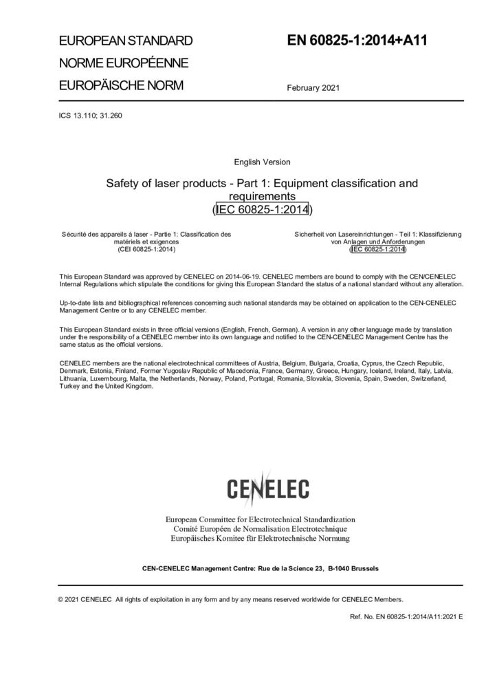 EN 60825-1: 2014+A11:2021激光產(chǎn)品的安全 第1部分：設(shè)備分類、要求
